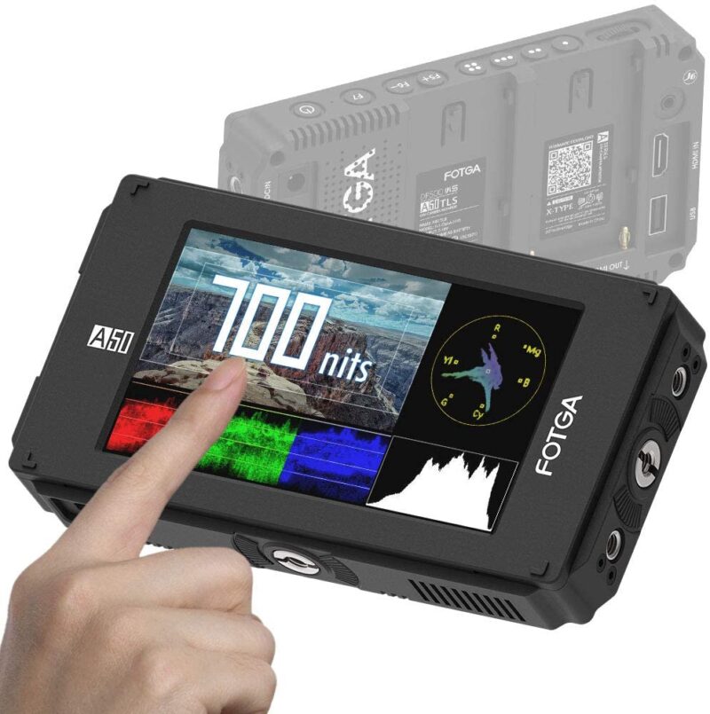 Fotga A50TLS 5inch FHD IPS DCI-P3 Wide Color Gamut Touchscreen Video DSLR Camera Field Monitor,Waveform,Vector,3D LUT,700nit,1920x1080 HDMI 4K & 3G SDI Input/Output,Dual Battery Plate,Sunshade Hood