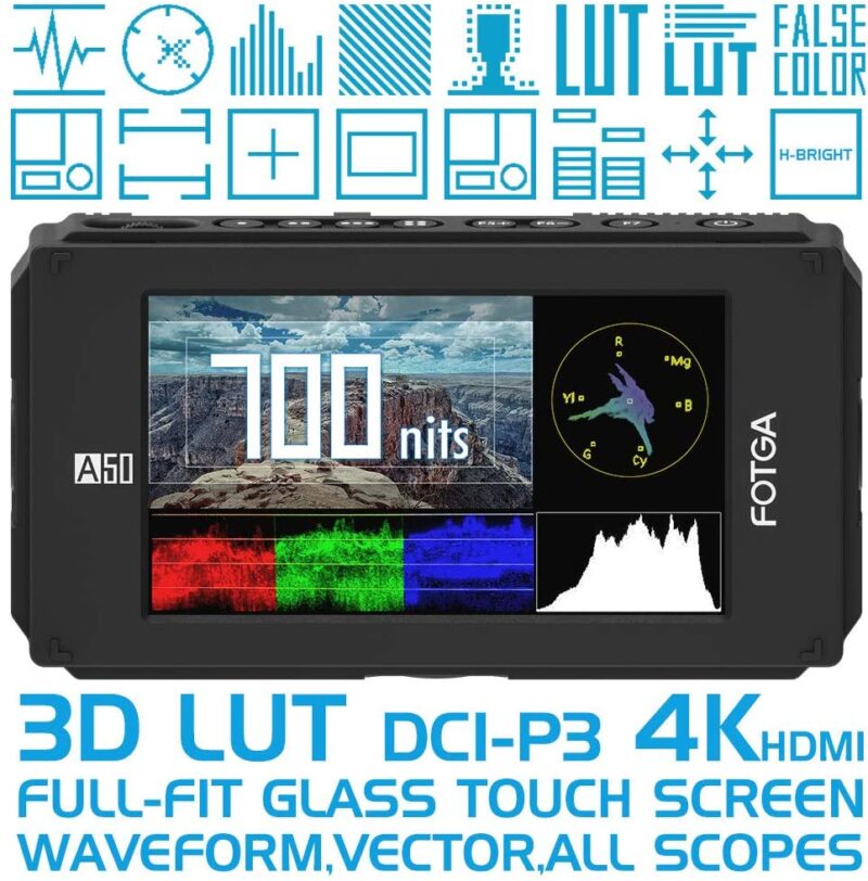 Fotga A50TLS 5inch FHD IPS DCI-P3 Wide Color Gamut Touchscreen Video DSLR Camera Field Monitor,Waveform,Vector,3D LUT,700nit,1920x1080 HDMI 4K & 3G SDI Input/Output,Dual Battery Plate,Sunshade Hood